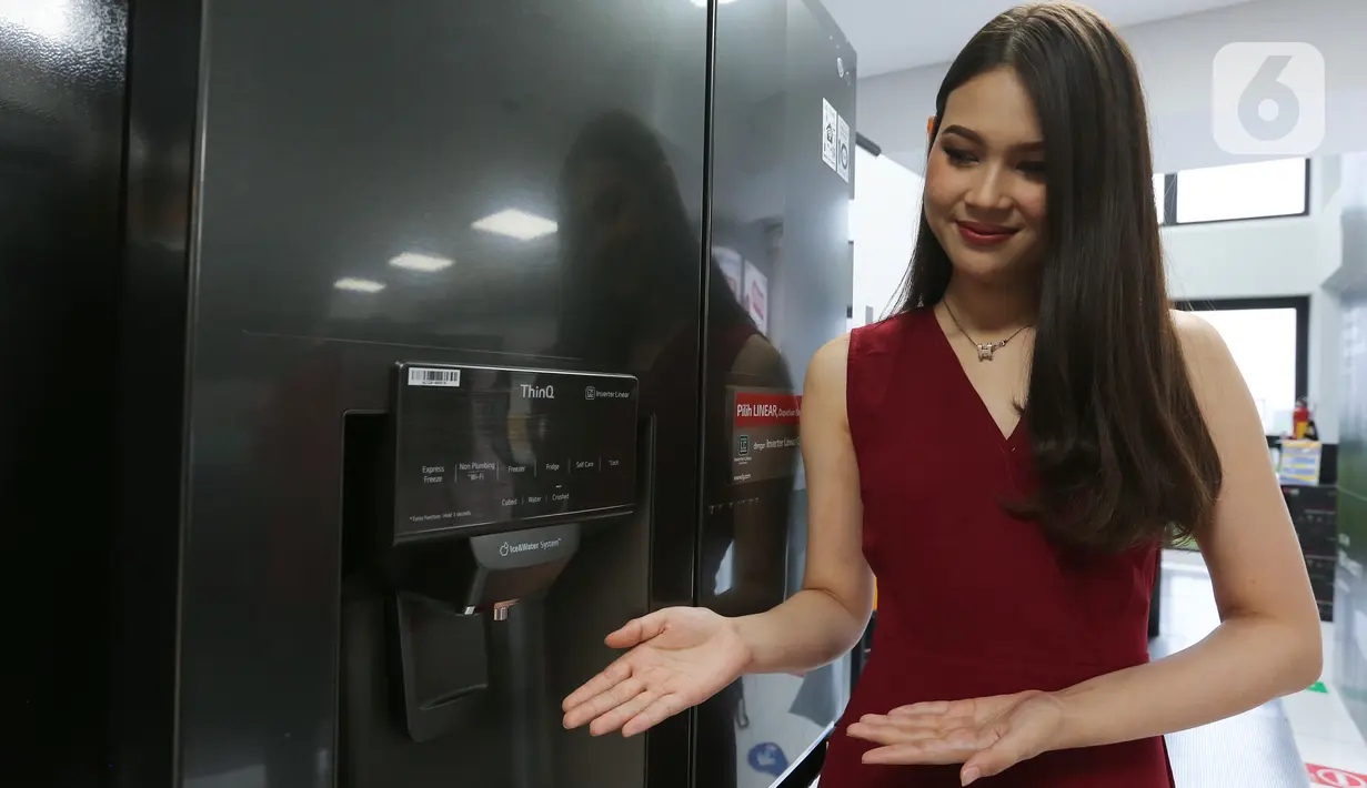 Lemari es model GC-L22FTQBL yang dilengkapi dispenser air dengan UV Nano bekerja mengeliminasi kemungkinan terdapatnya berbagai partikel yang dapat merugikan kesehatan yang melekat pada saluran keluar air tanpa harus menyediakan tempat penyimpanan khusus  (Liputan6.com/Fery Pradolo)