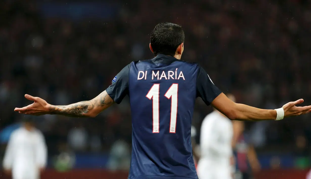 Ekspresi Angel di Maria saat melawan Real Madrid di lanjutan Grup A Liga Champions di Stadion Parc des Princes, Paris, Prancis, Kamis (22/10/2015) dini hari WIB. (EPA/Ian Langsdon)