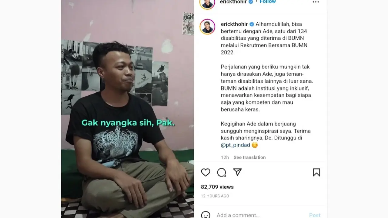 Menteri BUMN Erick Thohir membagikan momen menarik. Kini, ia terlihat berbincang dengan salah satu penyandang disabilitas.