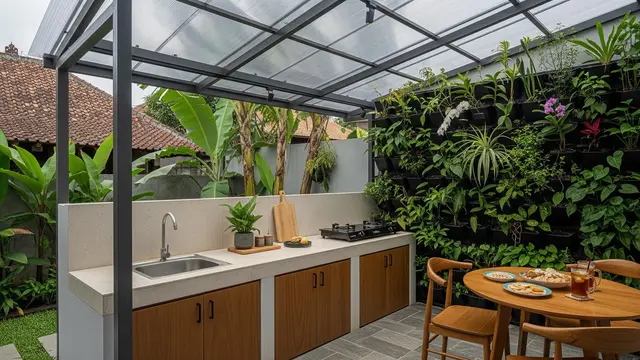 Desain Dapur Belakang Rumah yang Teduh dengan Rangka Baja Ringan/Gemini AI