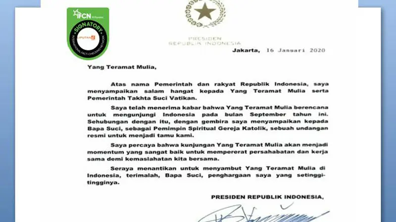 [Cek Fakta] Klarifikasi Surat Jokowi Terkait Kedatangan Paus Fransiskus.