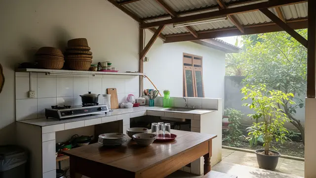 Inspirasi Dapur Belakang Semi Terbuka agar Tidak Panas dan Tetap Nyaman Sepanjang Hari Model Atap Sebagian