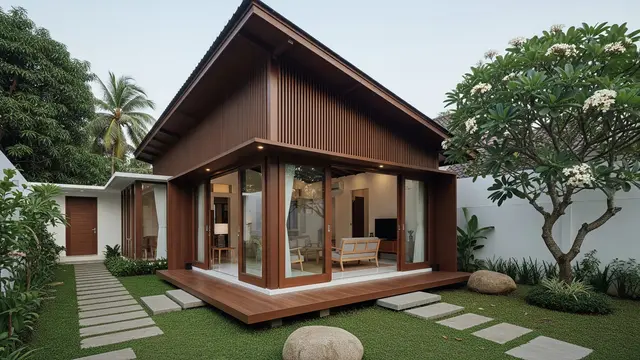 Model Rumah Kayu Atap Miring dengan Halaman Samping
