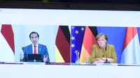 Presiden Joko Widodo atau Jokowi melakukan pertemuan bilateral dengan   Kanselir Jerman Angela Merkel secara virtual di Istana Bogor, Selasa (13/4/2021). (Biro Pers Sekretariat Presiden)