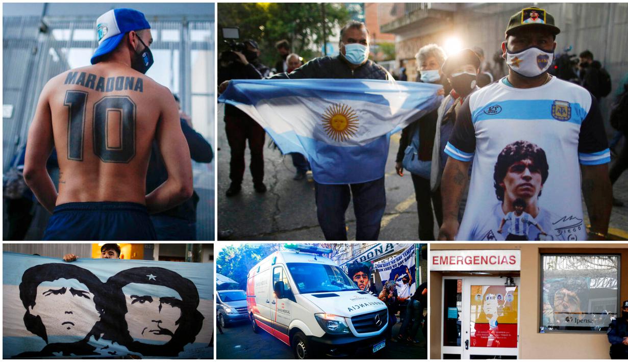 Sejumlah fans memberi dukungan untuk Diego Maradona yang sedang terbaring di rumah sakit. Legenda sepak bola Timnas Argentina itu dilaporkan mengalami pembekuan darah di otak.