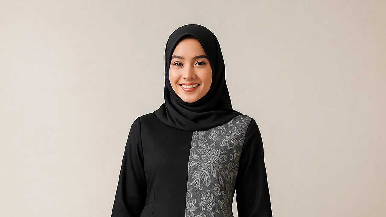 Model Gamis Batik Kombinasi Hitam Polos dan Silver/Ilustrasi AI