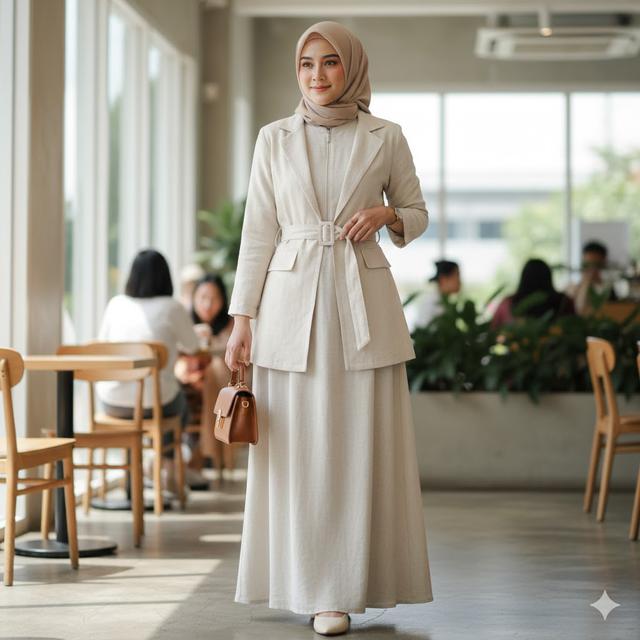 10 Model Gamis Linen Ringan dengan Layering Blazer, Tampil Profesional