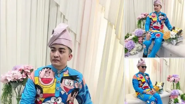 Pria Malaysia kenakan baju pengantin Doraemon (foto: Facebook Abann Dass)