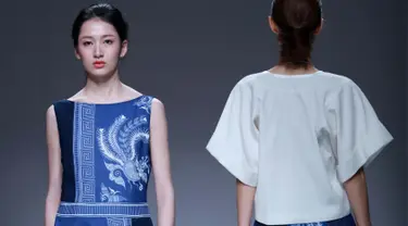 Motif yang mirip batik lasem cina karya desainer Xuefei Sun ditampilkan saat China Fashion Week di Beijing, Tiongkok (30/10). (AFP/STR)