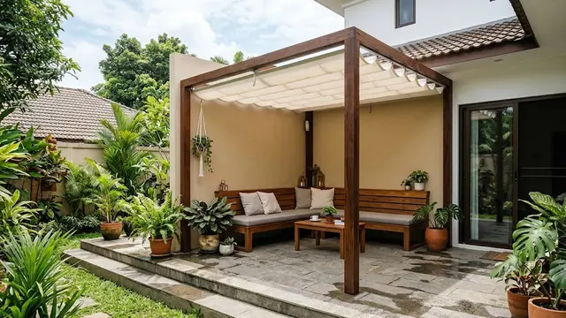 Inspirasi Teras Belakang dengan Atap Pergola dan Penutup Hujan yang Dapat Dibuka