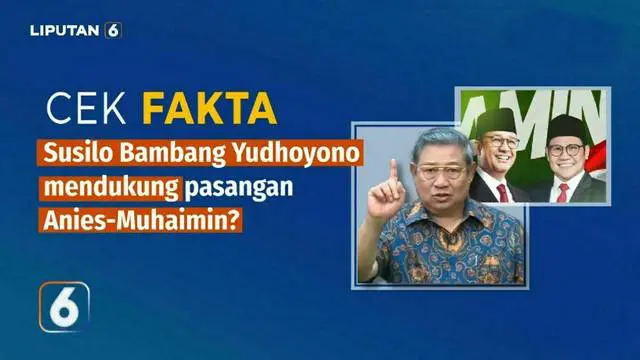 Beberapa waktu lalu beredar di media sosial, postingan video yang mengklaim Presiden ke-6 RI, Susilo Bambang Yudhoyono atau SBY, mengarahkan dukungan kepada Calon Presiden dan Wakil Presiden, Anies Baswedan-Muhaimin Iskandar. Benarkah demikian? Berik...