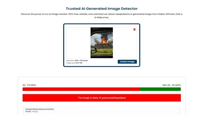 <p>Gambar tangkapan layar penelusuran foto menggunakan situs aidetectcontent.com.</p>