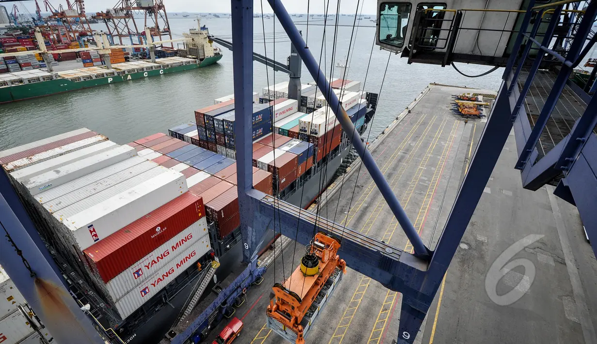 Aktivitas bongkar muat peti kemas di Jakarta International Cointainer Terminal (JICT),Tanjung Priok, Jakarta, Rabu (25/3/2015). Pelindo II mencatat waktu tunggu pelayanan kapal dan barang sudah mendekati target pemerintah. (Liputan6.com/Faizal Fanani)