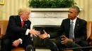 Presiden AS Barack Obama melakukan pertemuan dengan Presiden terpilih Donald Trump di Gedung Putih, Washington, AS, Kamis (10/11). Pertemuan tersebut untuk membahas transisi pemerintahan. (REUTERS / Kevin Lamarque)