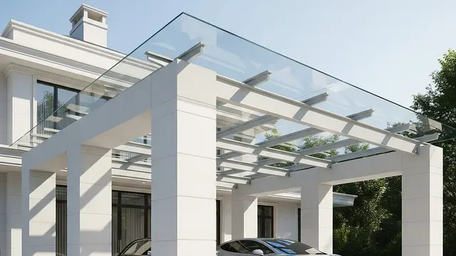 Model Carport Mewah Dua Mobil dengan Atap Kaca Tempered Tebal