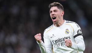 Selebrasi Federico Valverde dalam laga Real Madrid vs Elche di Liga Spanyol, Minggu (15/3/2026). (AP Photo/Manu Fernandez)