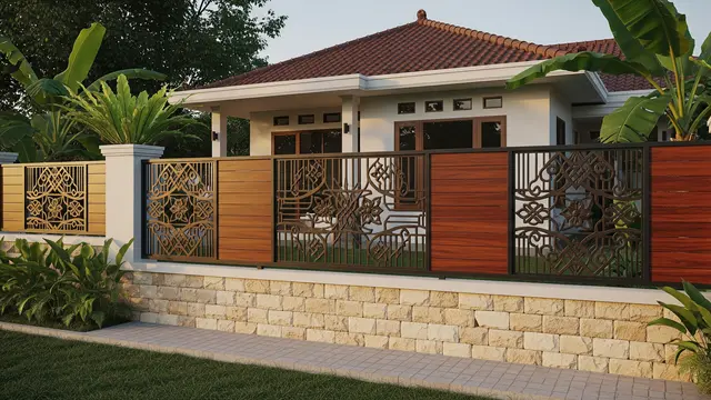 Desain Pagar Besi Kombinasi Kayu dan Batu Alam/ Ilustrasi AI
