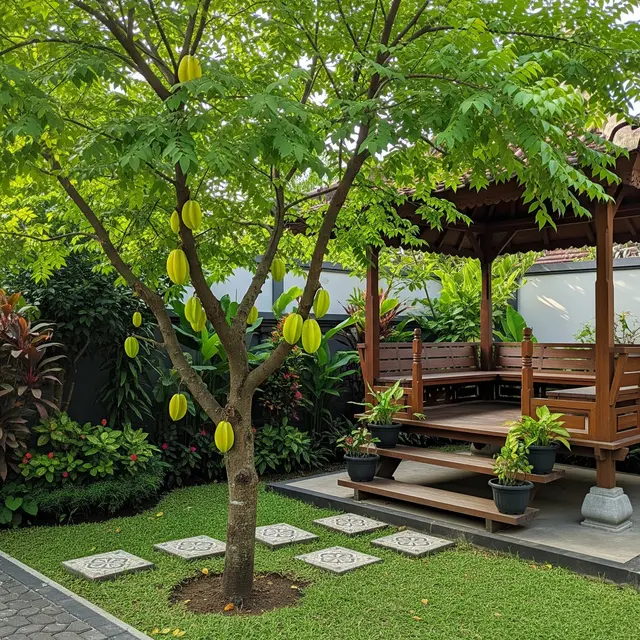 Pohon Buah Berakar Aman Dekat Gazebo (AI)