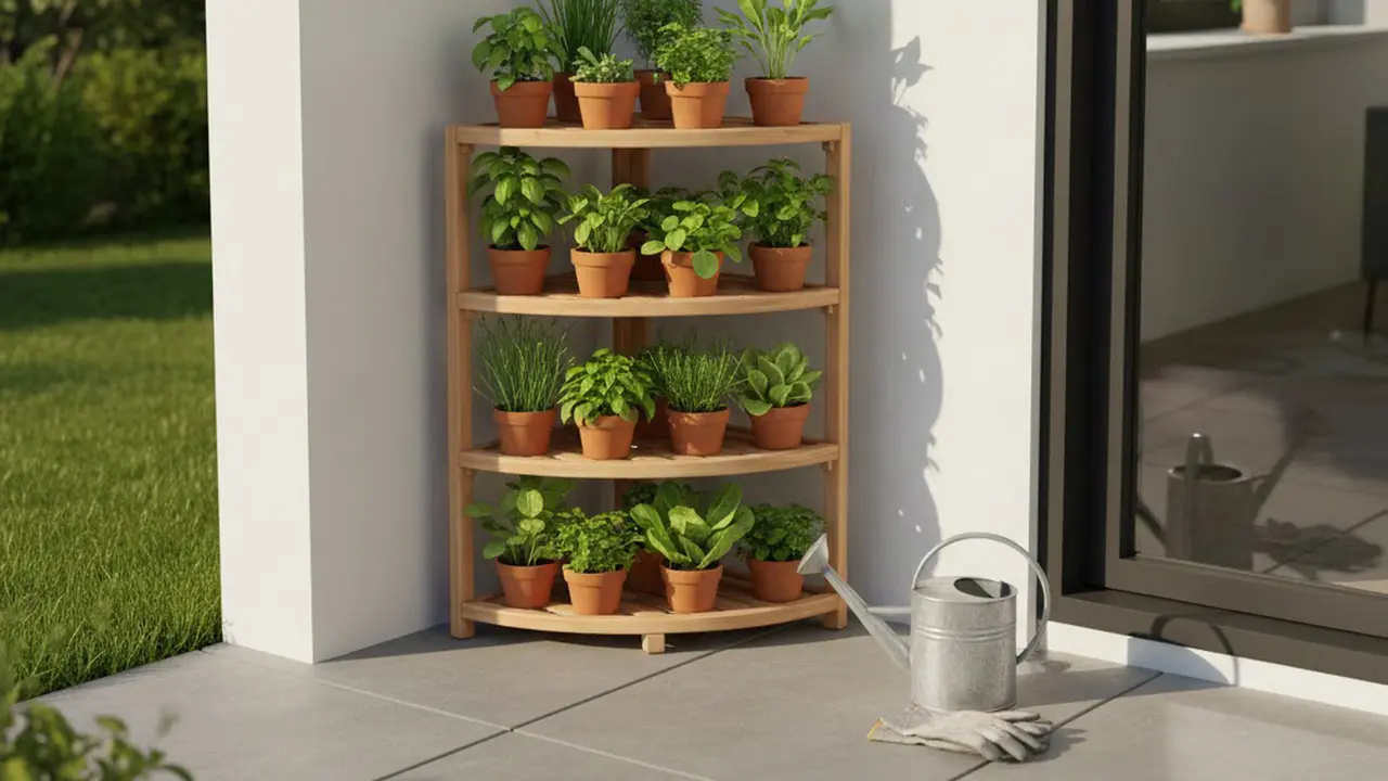 Rak Kayu Sudut (Corner Tiered Rack) (Gemini AI)