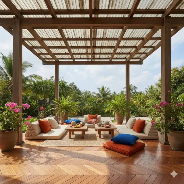 Model Teras dari Kayu Atap Asbes yang Estetik