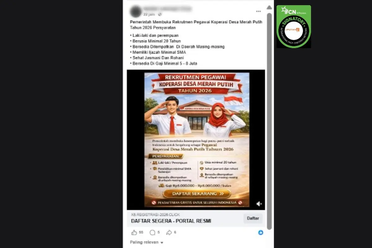 Cek Fakta Liputan6.com mendapati klaim link pendaftaran rekrutmen pegawai Koperasi Desa Merah Putih 2026.