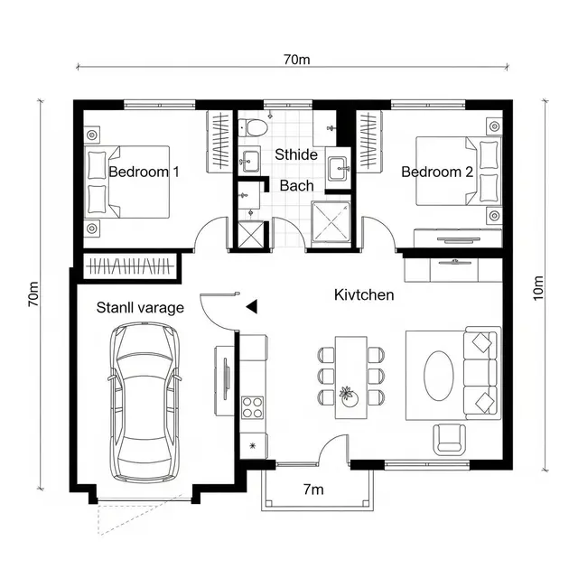 Ide Denah Rumah Ukuran 7x10 Kamar 2 Sederhana (Gemini)