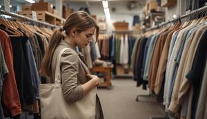Ilustrasi wanita muda berbelanja di toko barang bekas, dengan hati-hati memeriksa jaket bekas. Membeli baju bekas atau sering disebut thrift bisa menjadi salah satu contoh penerapan hidup frugal Living. (Foto by AI)