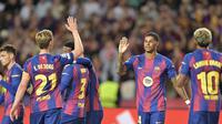 Marcus Rashford usai mencetak gol bersama Barcelona saat melawan Olympiacos di ajang Liga Champions 2025/2026. (MANAURE QUINTERO / AFP)