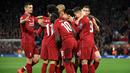 Selebrasi golpertama Liverpool yang dicetak Nabi Keita pada leg 1, babak perempat final Liga Champions yang berlangsung di Stadion Anfield, Liverpool, Rabu (10/4). Liverpool menang 2-0 atas Porto (AFP/Glyn Kirk)