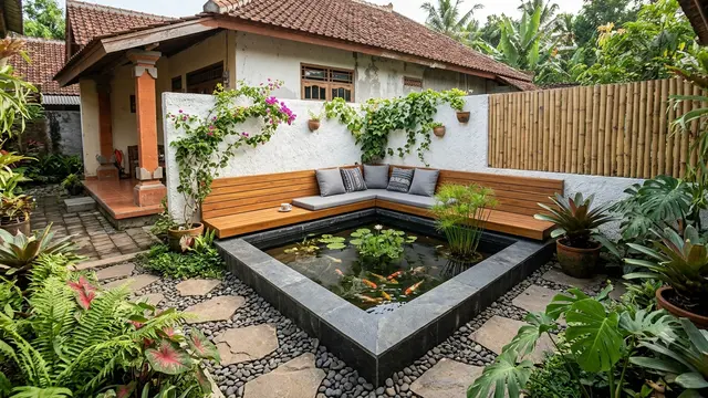 Inspirasi Kolam Sudut Berbentuk Segitiga dengan Desain Minimalis yang Bikin Halaman Kecil Terasa Luas Dipadukan dengan Tempat Duduk