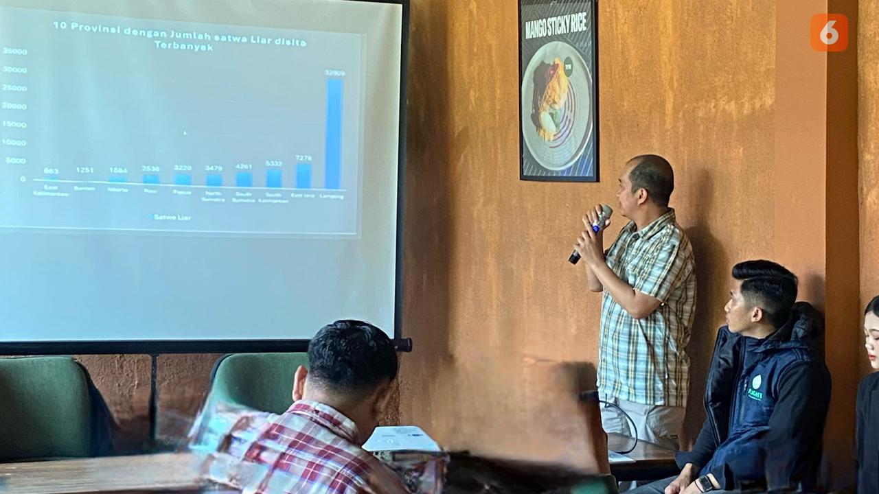 Direktur Eksekutif FLIGHT, Marison Guciano memaparkan data pengungkapan upaya penyelundupan burung liar beberapa tahun terakhir di Lampung. Foto: (Liputan6.com/Ardi).