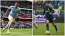 Foto kolase Joao Cancelo (kiri) saat membela Manchester City dalam pertandingan Liga Inggris pada 8 Oktober 2022 dan Cancelo (kanan) saat membela Inter Milan dalam pertandingan Serie A pada 28 Januari 2018. (AFP/Oli Scarff, Miguel Medina)