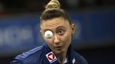 Petenis meja Austria, Sofia Polcanova bertanding saat final Tenis Meja Wanita di European Championships 2022 di Munich, Jerman, pada 21 Agustus 2022. (AFP/Tobias Schwarz)