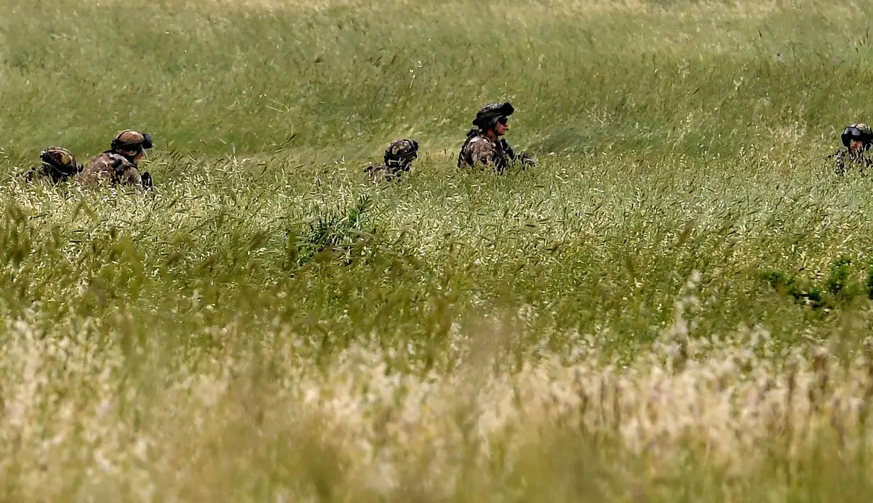 Sejumlah tentara Italia berjalan di rerumputan saat mengambil bagian dalam latihan militer di sebuah kamp pelatihan di Tarquinia, dekat Roma, (21/5).  (AFP Photo/Tiziana Fabi)