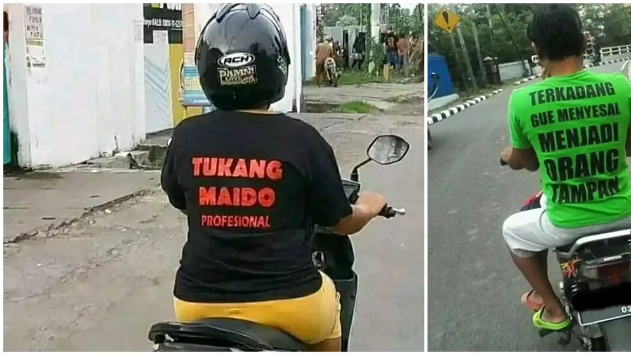 Tulisan lucu di kaos pengendara (Istimewa)