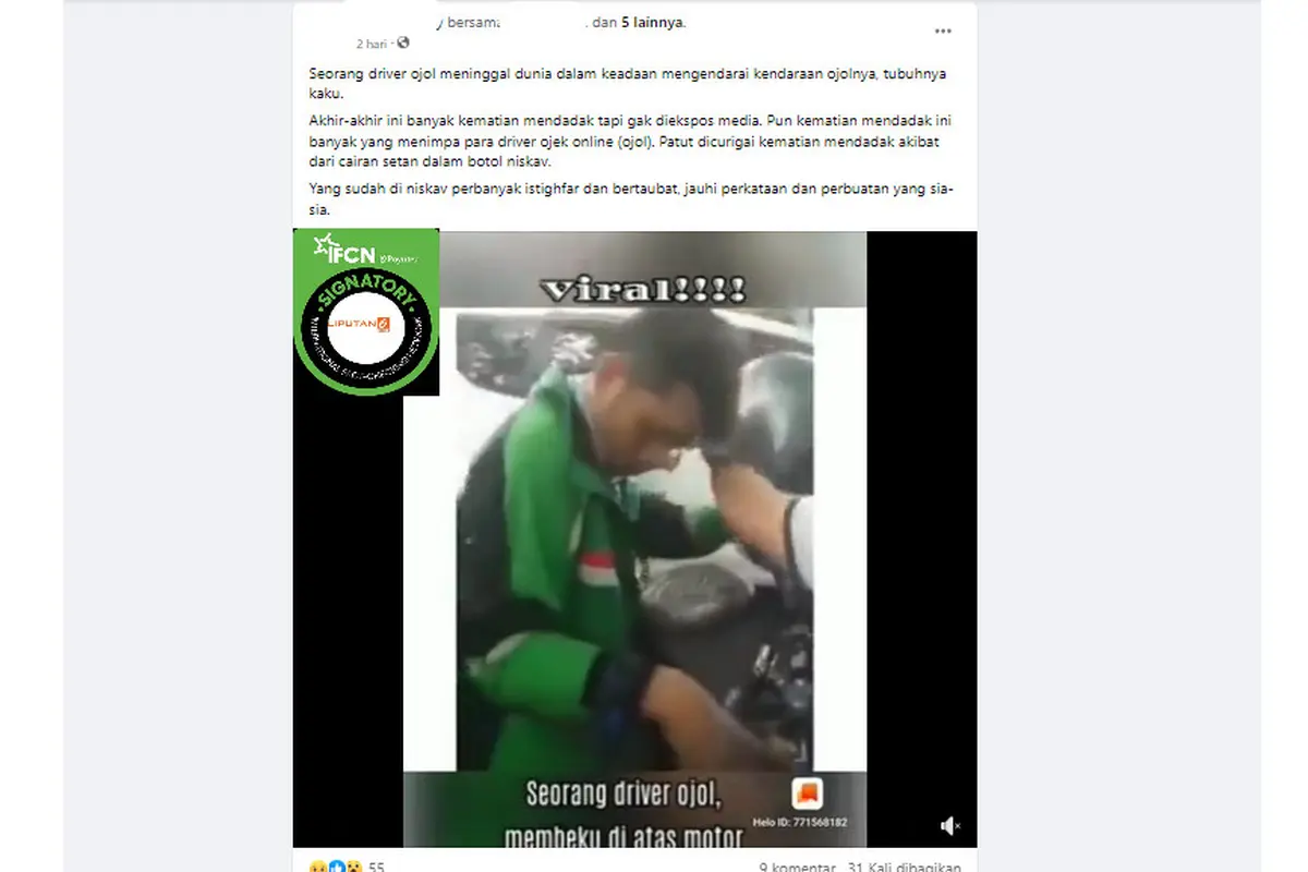 Tangkapan layar  klaim video pengemudi ojol meninggal saat berkendara akibat vaksin