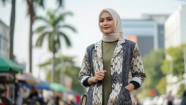 Gamis Polos Simpel Dipadukan Blazer Batik Etnik Kekinian