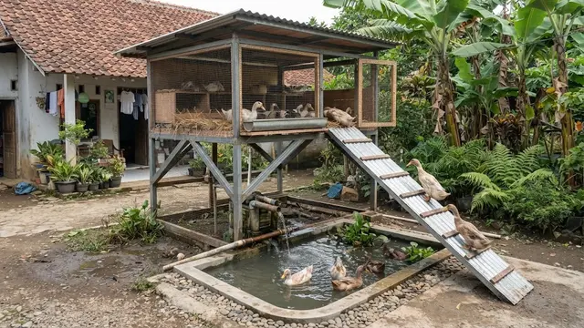 Model kandang bebek dengan area air mini yang bikin sehat dan produktif bertelur desain bertingkat efisien dengan kolam sirkulasi