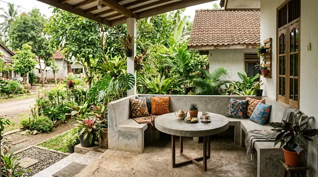 8 Ide Membuat Sudut Santai di Teras Rumah dengan Meja Semen dan Tanaman Rindang