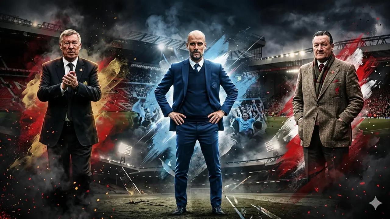 Ilustrasi Alex Ferguson, Pep Guardiola, dan Bob Paisley