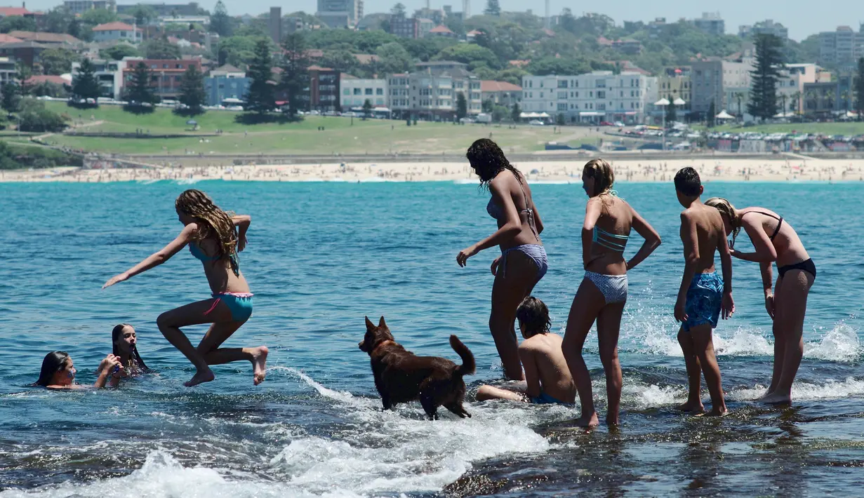 Pengunjung bermain air di pantai Bondi Sydney selama gelombang panas yang melanda wilayah Australia, (20/11/2015). Badan Meteorologi Australia mencatat suhu mencapai lebih dari 40 derajat celsius dan akan meningkat. (REUTERS/Jason Reed)