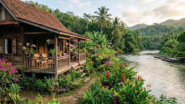 Inspirasi Rumah dengan Kebun Menghadap Sungai