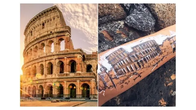 Mariela menggambar sketsa Colosseum dengan pulpen di lengan seseorang. Hasilnya pun sangat keren.