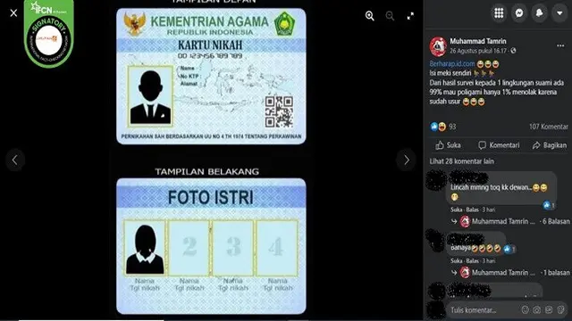 Gambar Tangkapan Layar Foto yang Diklaim Kartu Nikah dengan Empat Kolom Foto Istri (sumber: Facebook).