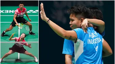 Apriyani Rahayu / Siti Fadia Silva Ramadhanti (kanan) dan Dejan Ferdinansyah / Gloria Emanuelle Widjaja (kiri) saat pertandingan semifinal ganda putri dan ganda campuran turnamen bulu tangkis Malaysia Open 2023 di Bukit Jalil Axiata Arena, Kuala Lumpur, Malaysia, Sabtu (14/1/2023). (AP Photo/Kien Huo/Vincent Thian)