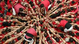 Castellers Colla Vella dels Xiquets de Valls saat mulai membentuk dasar menara manusia di festival Sant Joan, Spanyol, Selasa (24/6/14). (REUTERS/Albert Gea)