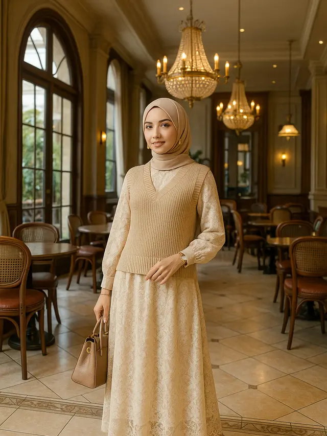 Model Gamis dengan Rompi Rajut