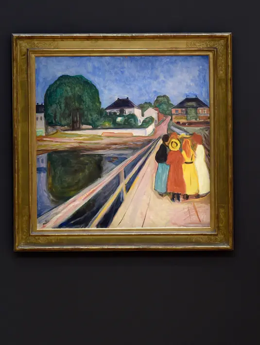 Sebuah lukisan karya seniman Norwegia, Edvard Munch “Girls on the Bridge” di New York, 4 November 2016. Berasal dari tahun 1902, lukisan itu memperlihatkan empat perempuan berpakaian warna-warni di atas sebuah jembatan. (Timothy A. CLARY/AFP)