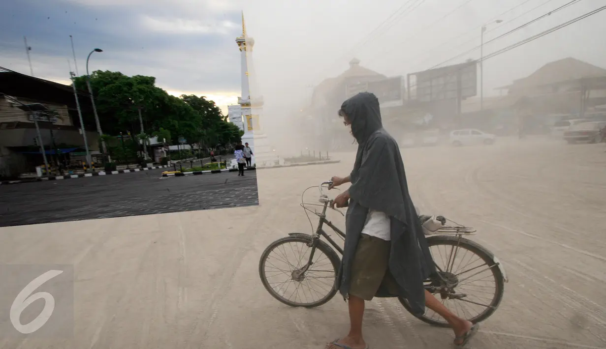 Suasana Tugu Yogyakarta, Minggu (14/2/2016) (kiri) dan Tugu Yogya saat diselimuti abu vulkanik letusan Gunung Kelud pada (14/2/2014) lalu (kanan). (Foto: Boy Harjanto)