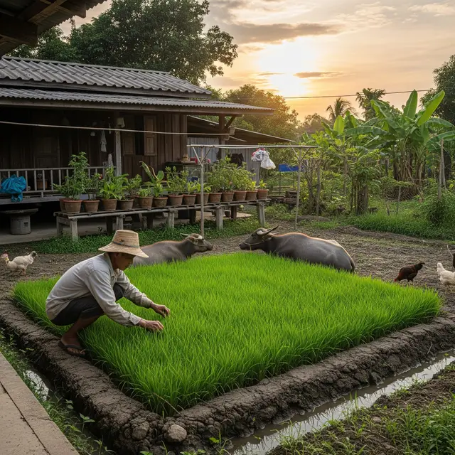 Petani Padi dengan Lahan Sempit di Pekarangan Rumah (Gemini AI)